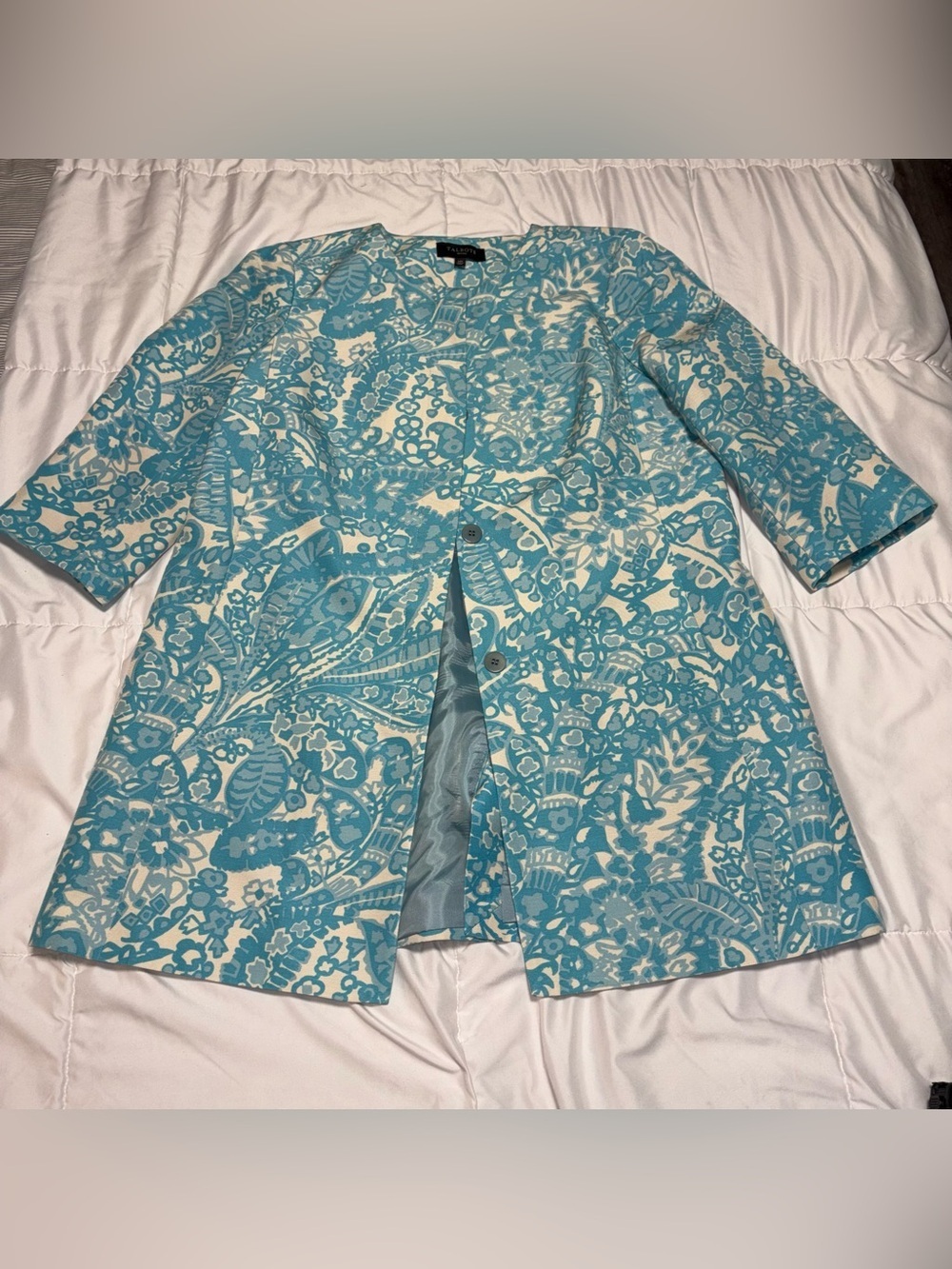 Talbots paisley cream Blue silk cotton Duster Coat jacket 14 Petite